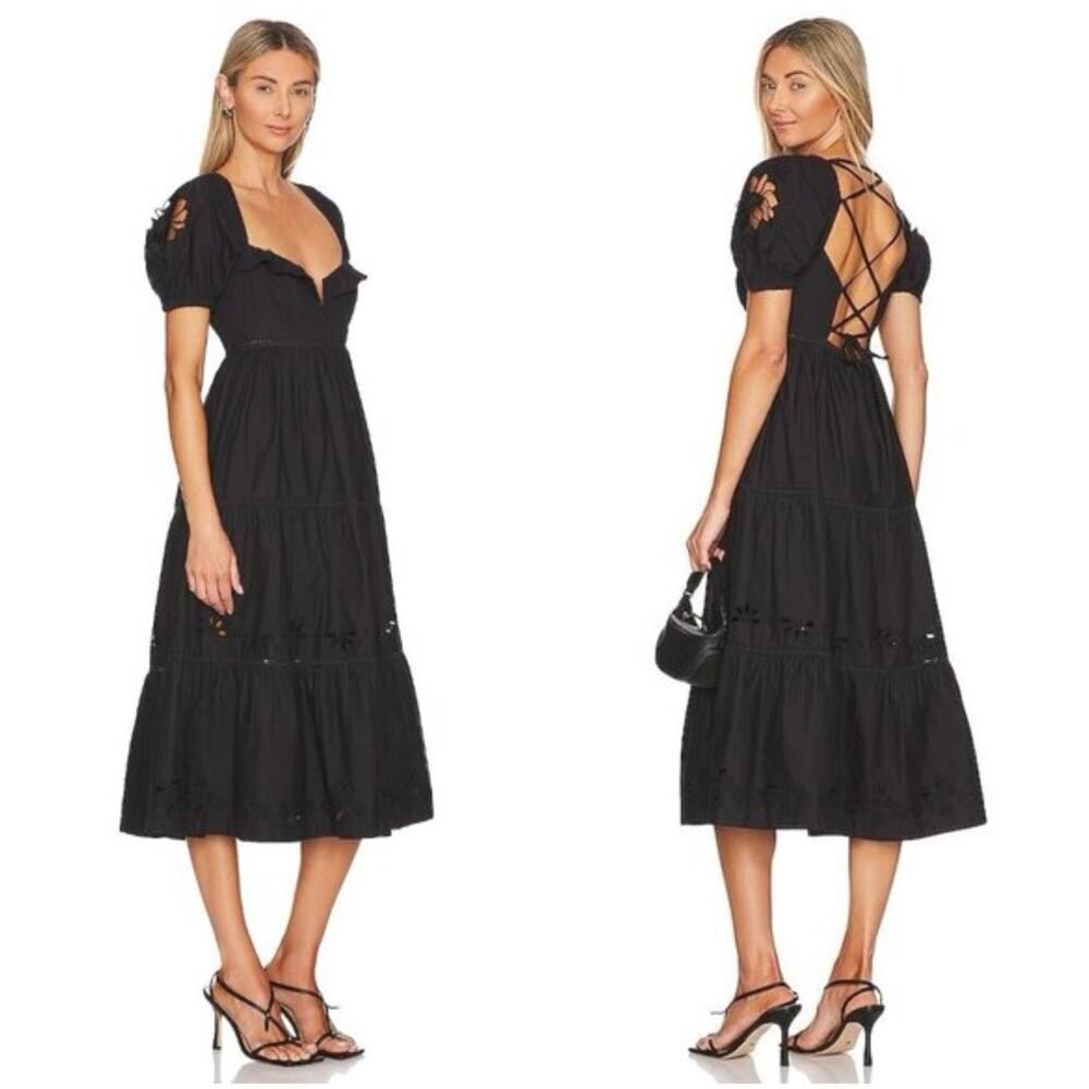 NWT Tularosa x Revolve Black Cotton Midi Dress Puff Sleeves Open Lace-Up Back S